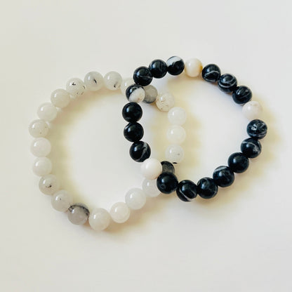 Black White 8mm Semi Precious Gemstones Bracelet for Men and Women Ima Artistry