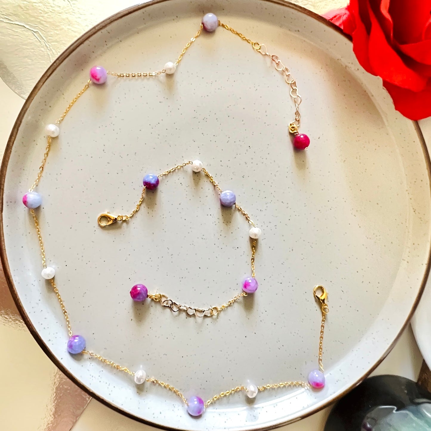 Pearl and Gemstones Necklace with Bracelet