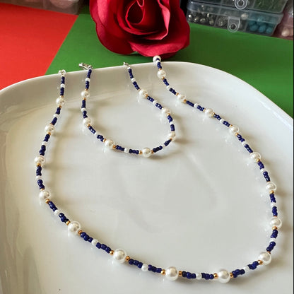 Blue Beaded Pearl Necklace with Bracelet - Ima Artistry 