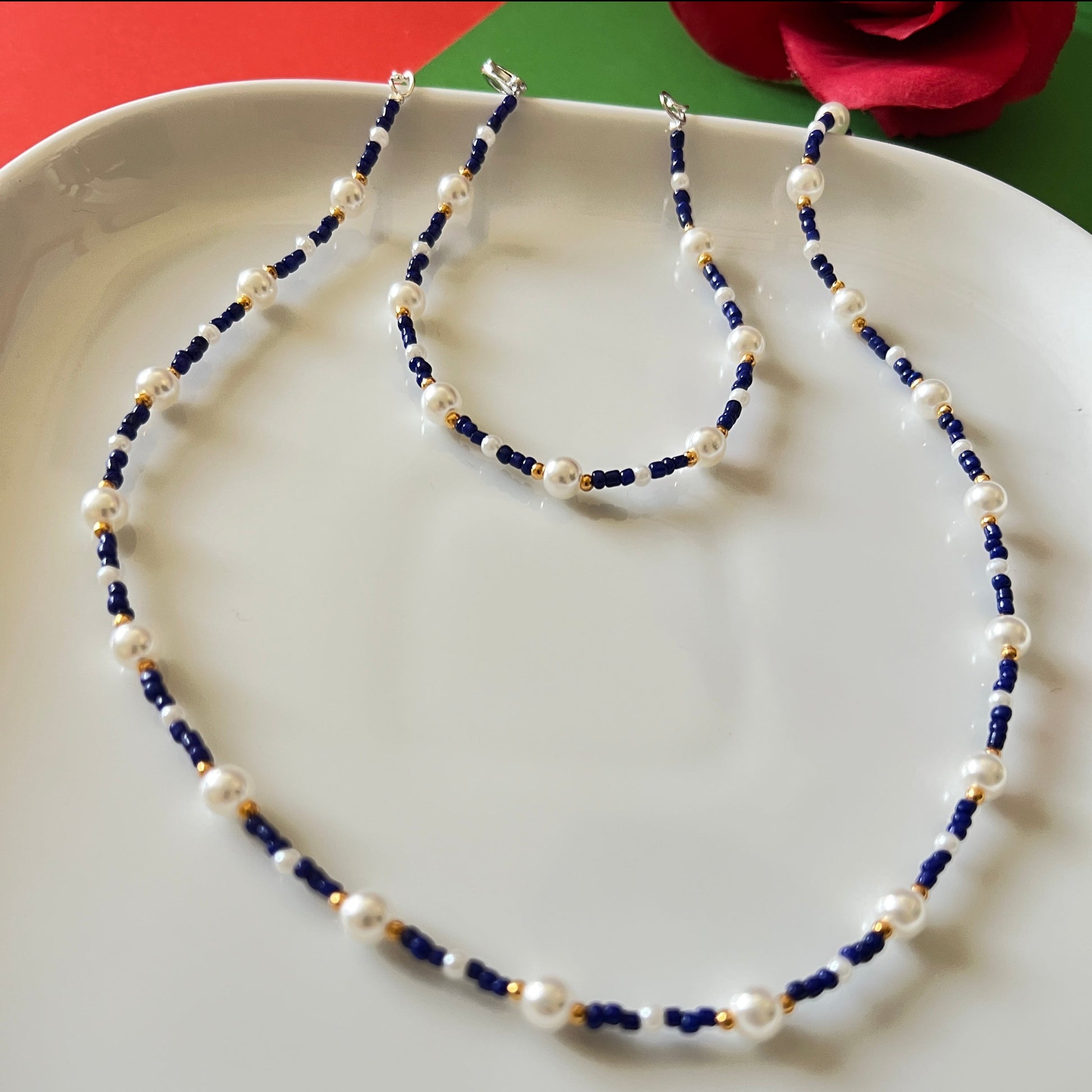 Blue Beaded Pearl Necklace with Bracelet - Ima Artistry 