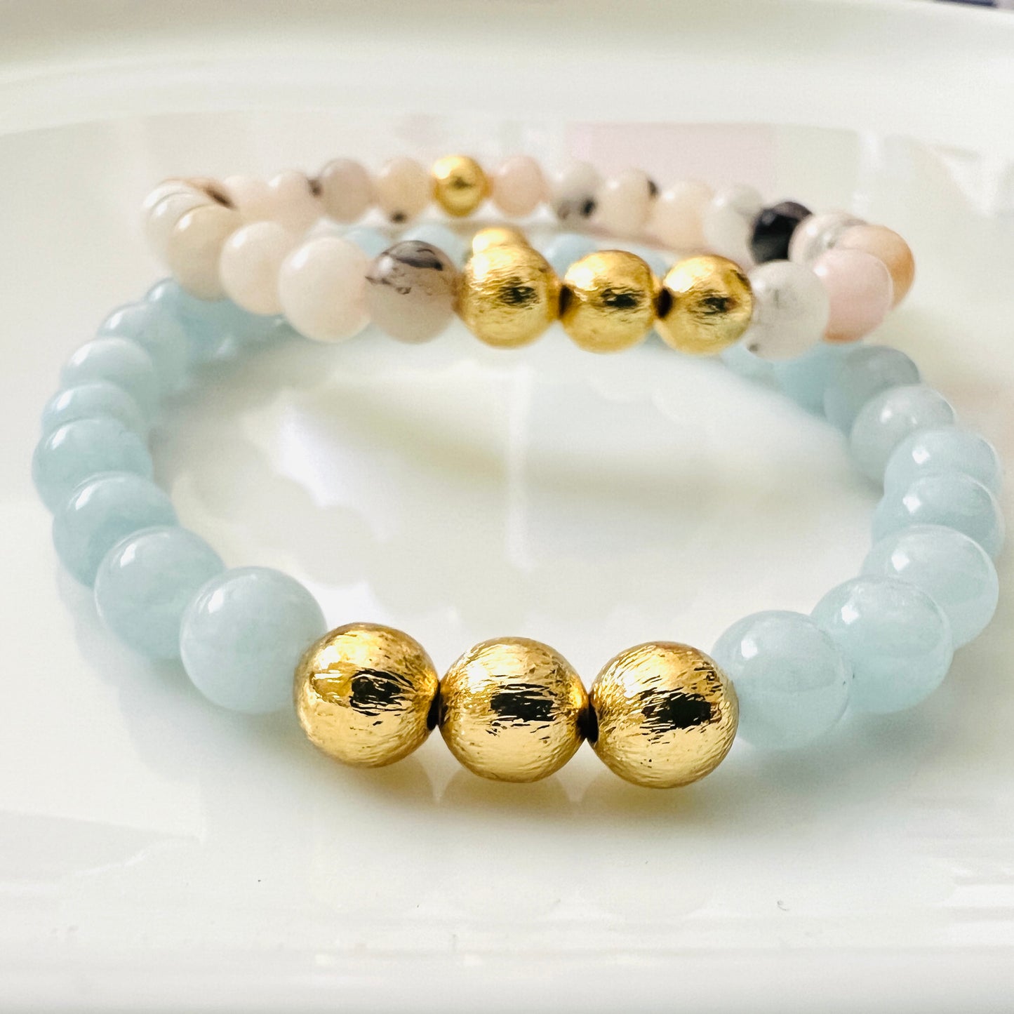 Golden Ball Aquamarine and Pink Opal Bracelet - Ima Artistry