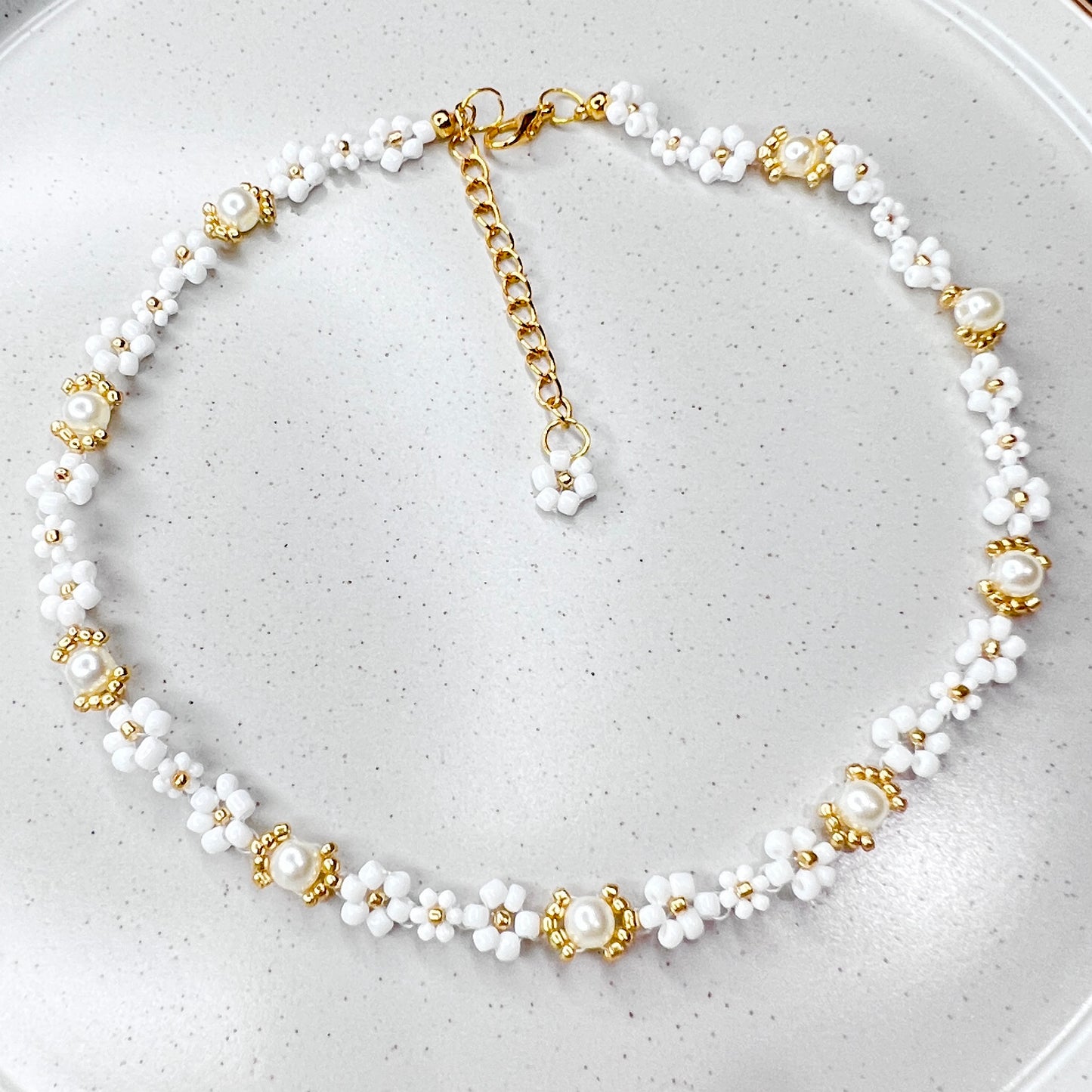 Seed Beaded Elegant Daisy Pearl Necklace- Ima Artistry 