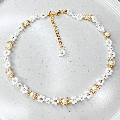 Seed Beaded Elegant Daisy Pearl Necklace- Ima Artistry 