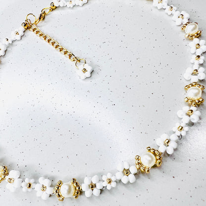 Seed Beaded Elegant Daisy Pearl Necklace- Ima Artistry 