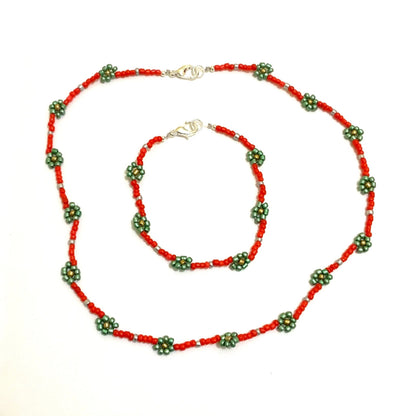 Red and Green Seed Beaded Choker-Necklace with Bracelet Ima Artistry