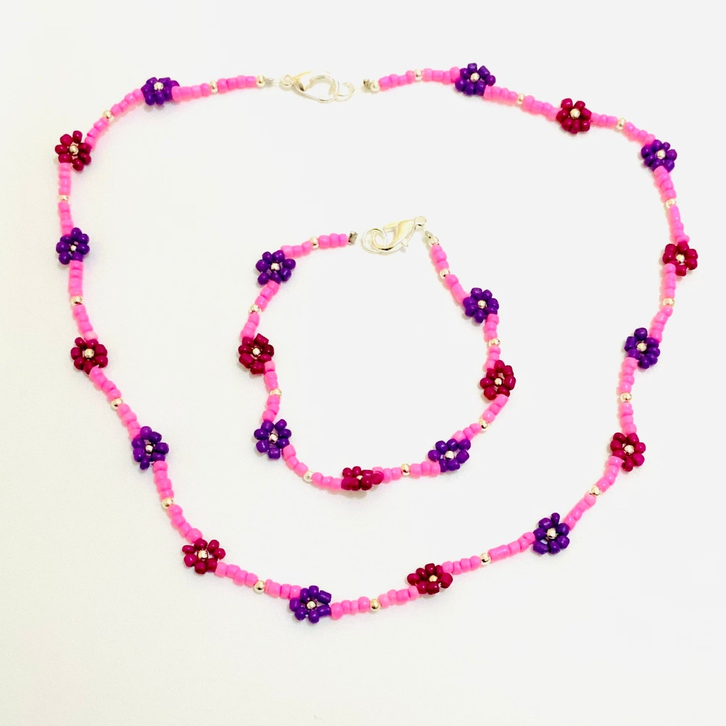 Pink, Purple Daisy Seed Beaded Choker-Necklace with Bracelet Ima Artistry