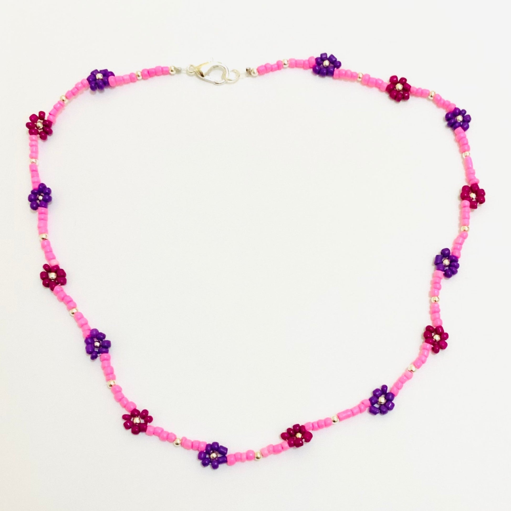 Pink, Purple Daisy Seed Beaded Choker-Necklace with Bracelet Ima Artistry