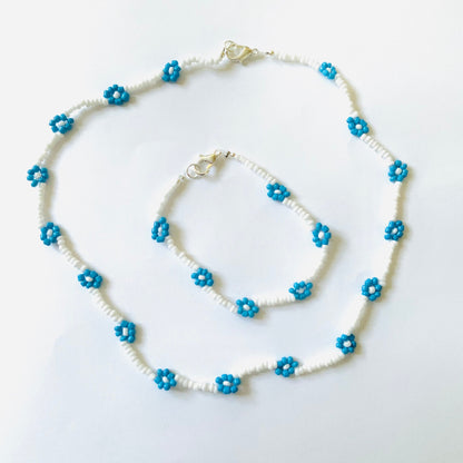 White and Blue Seed Beaded Choker with Bracelet Ima Artistry