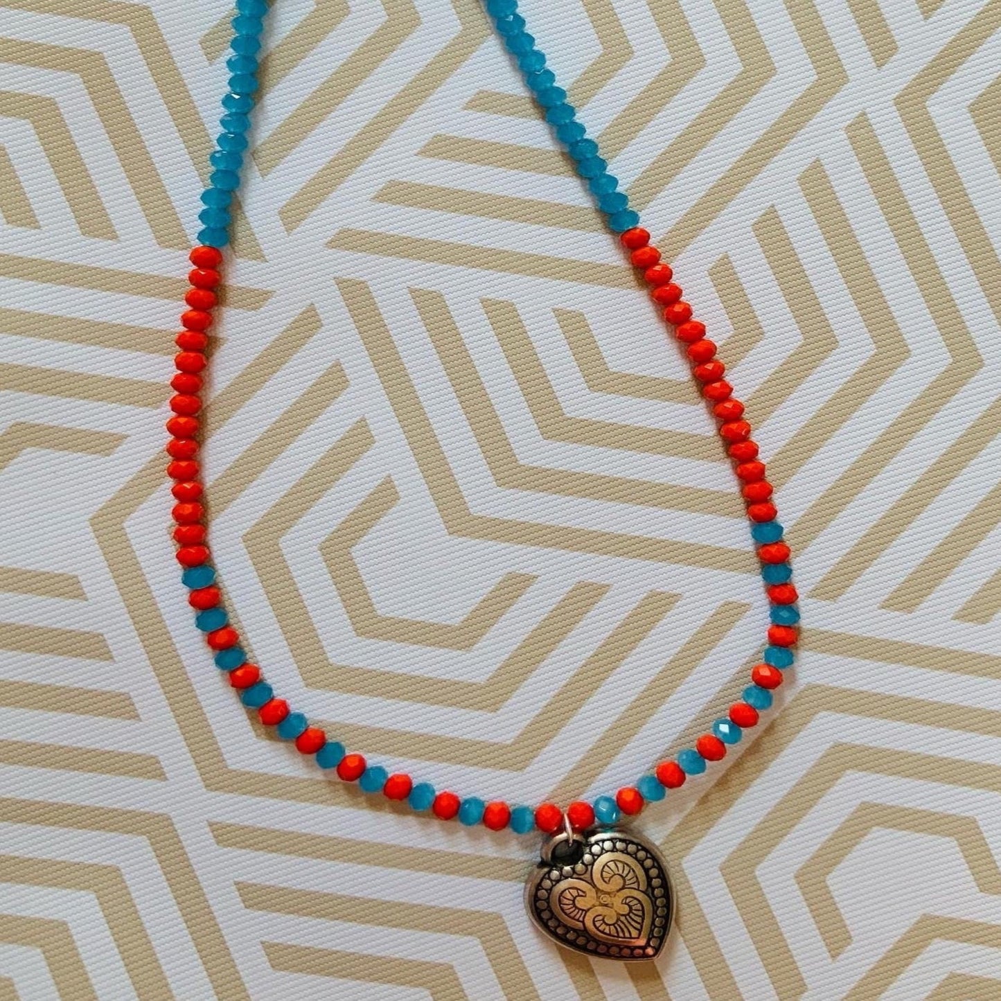 Red and Light Blue Beaded Necklace with Heart Pendent Ima Artistry