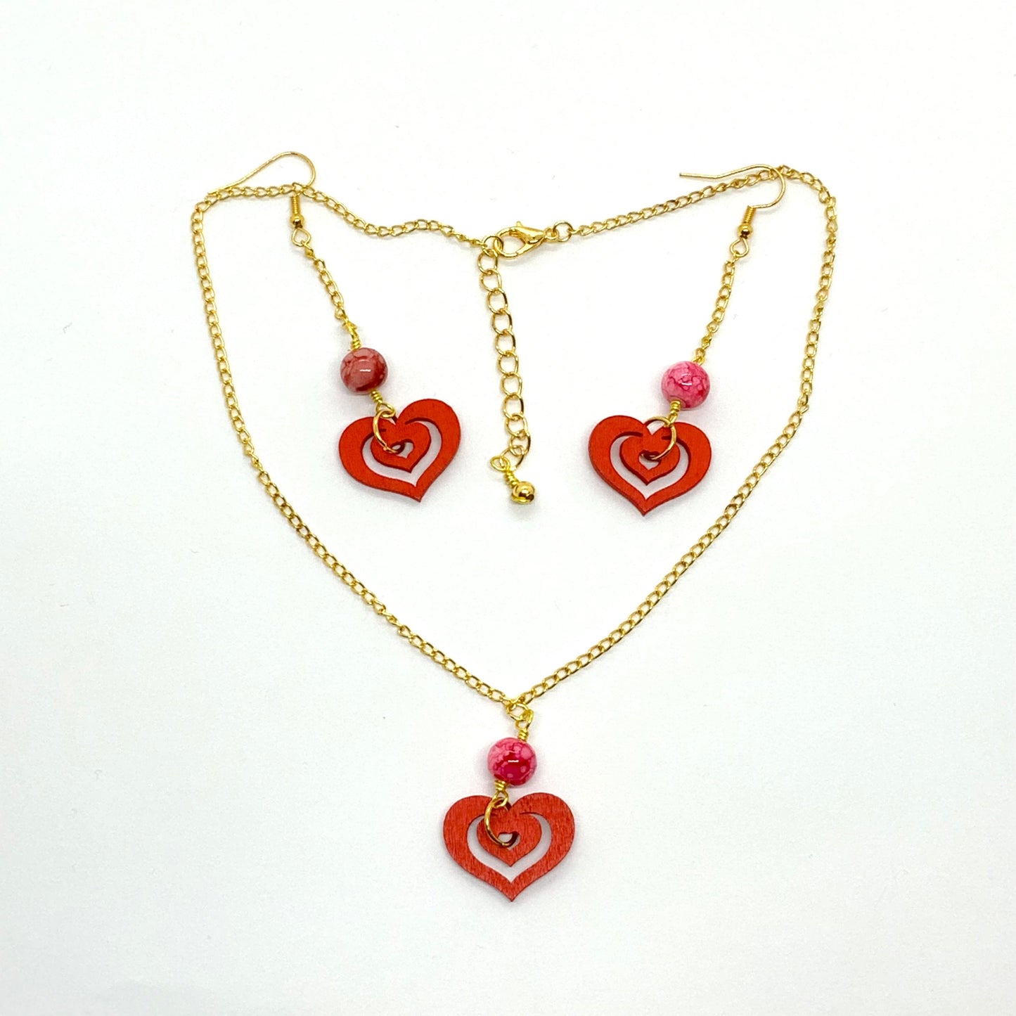 Red Wooden Heart Pendant Necklace & Earrings with Marble Beads Ima Artistry