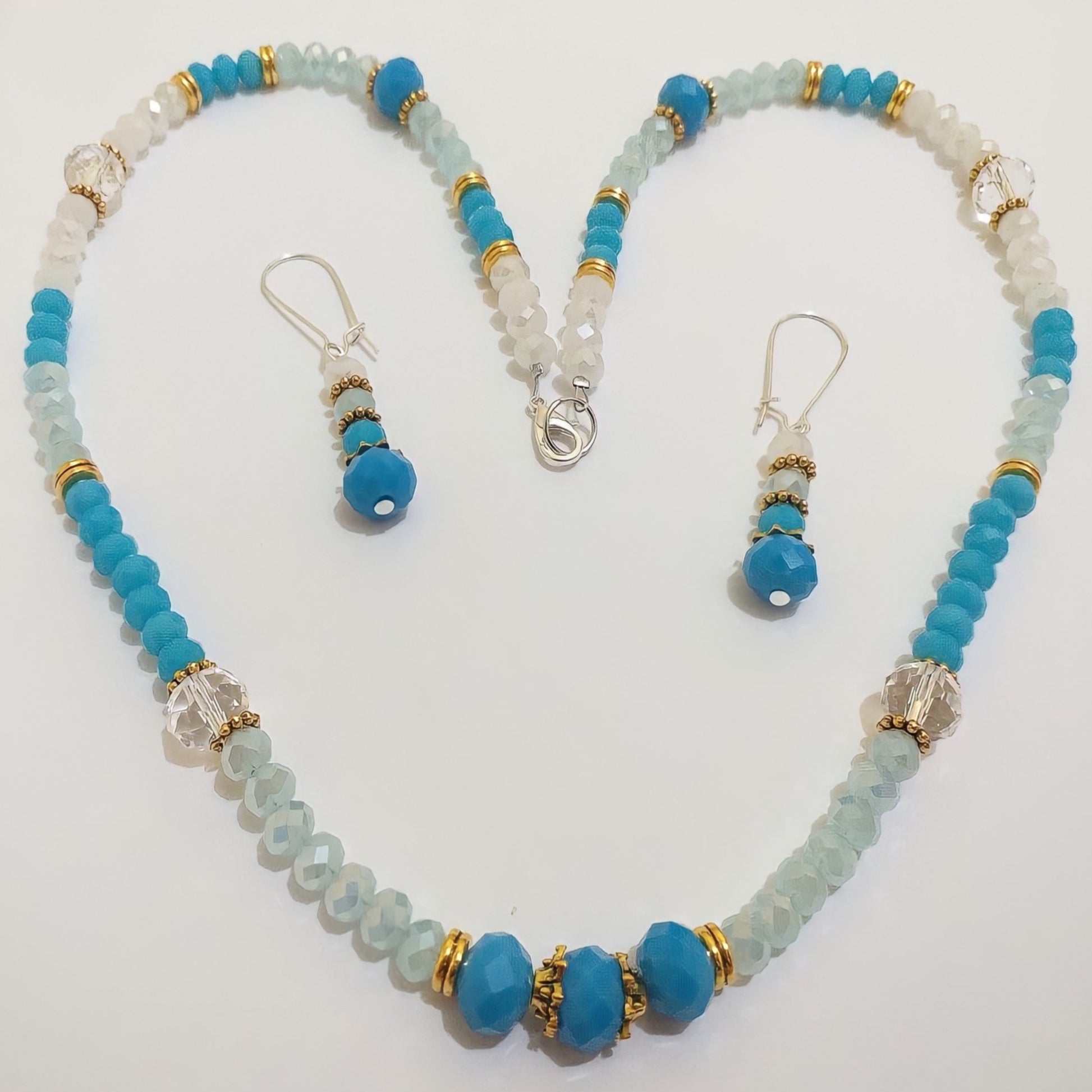 White Bluish Aqua Beaded Necklace & Earrings Ima Artistry