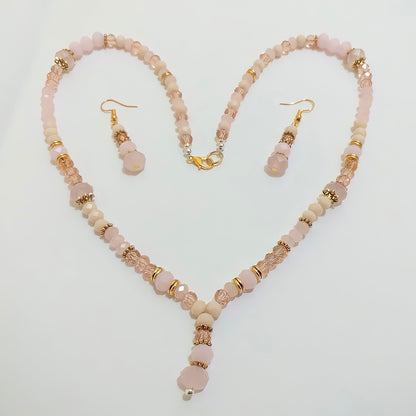 Rose, Pink, peach Beaded gold Necklace & Earrings Ima Artistry