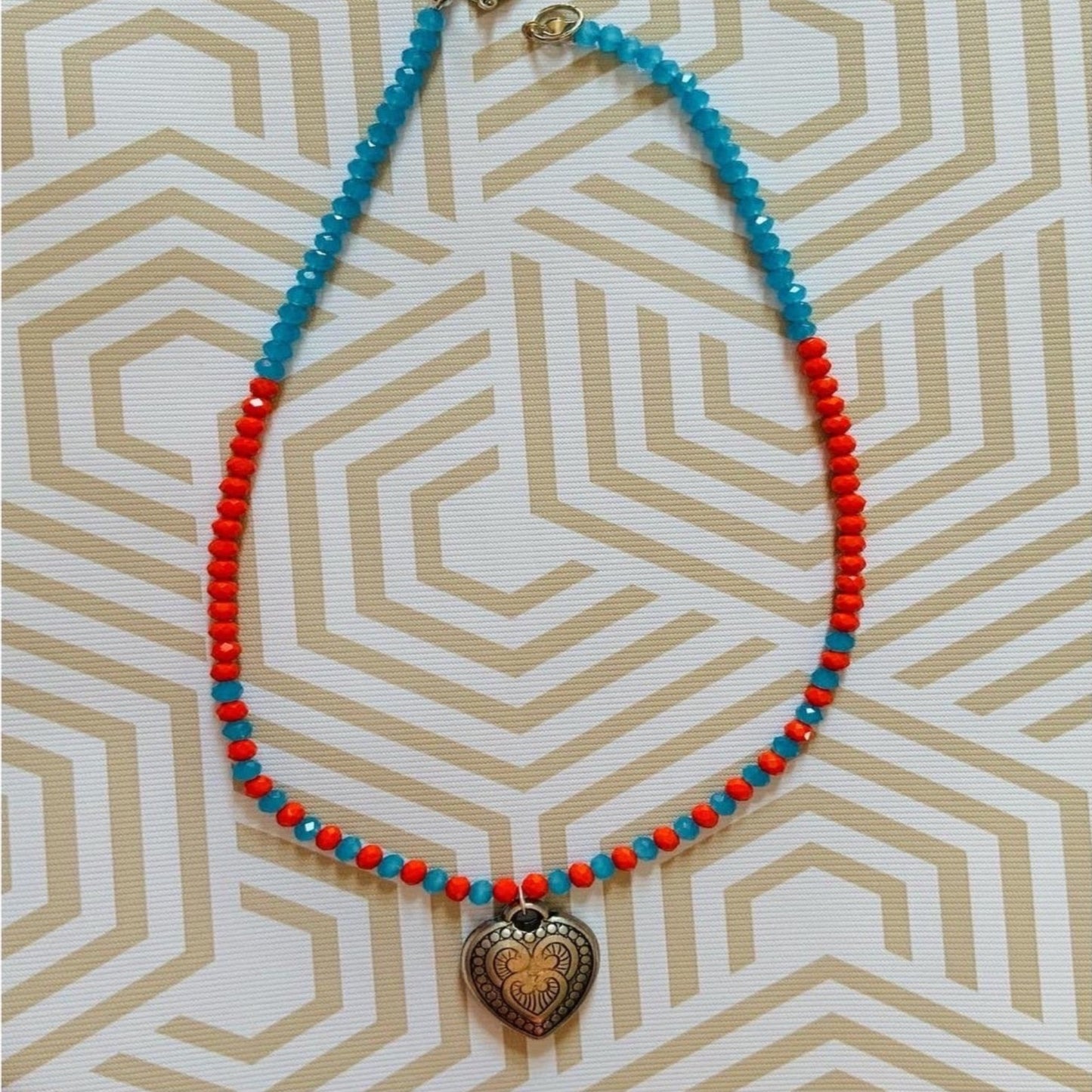 Red and Light Blue Beaded Necklace with Heart Pendent Ima Artistry