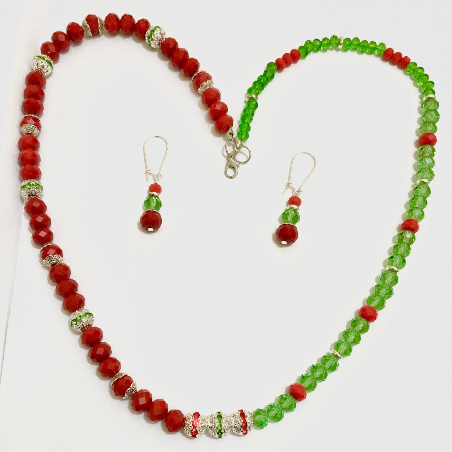 Red and Green Beeded Necklace & Earrings Ima Artistry