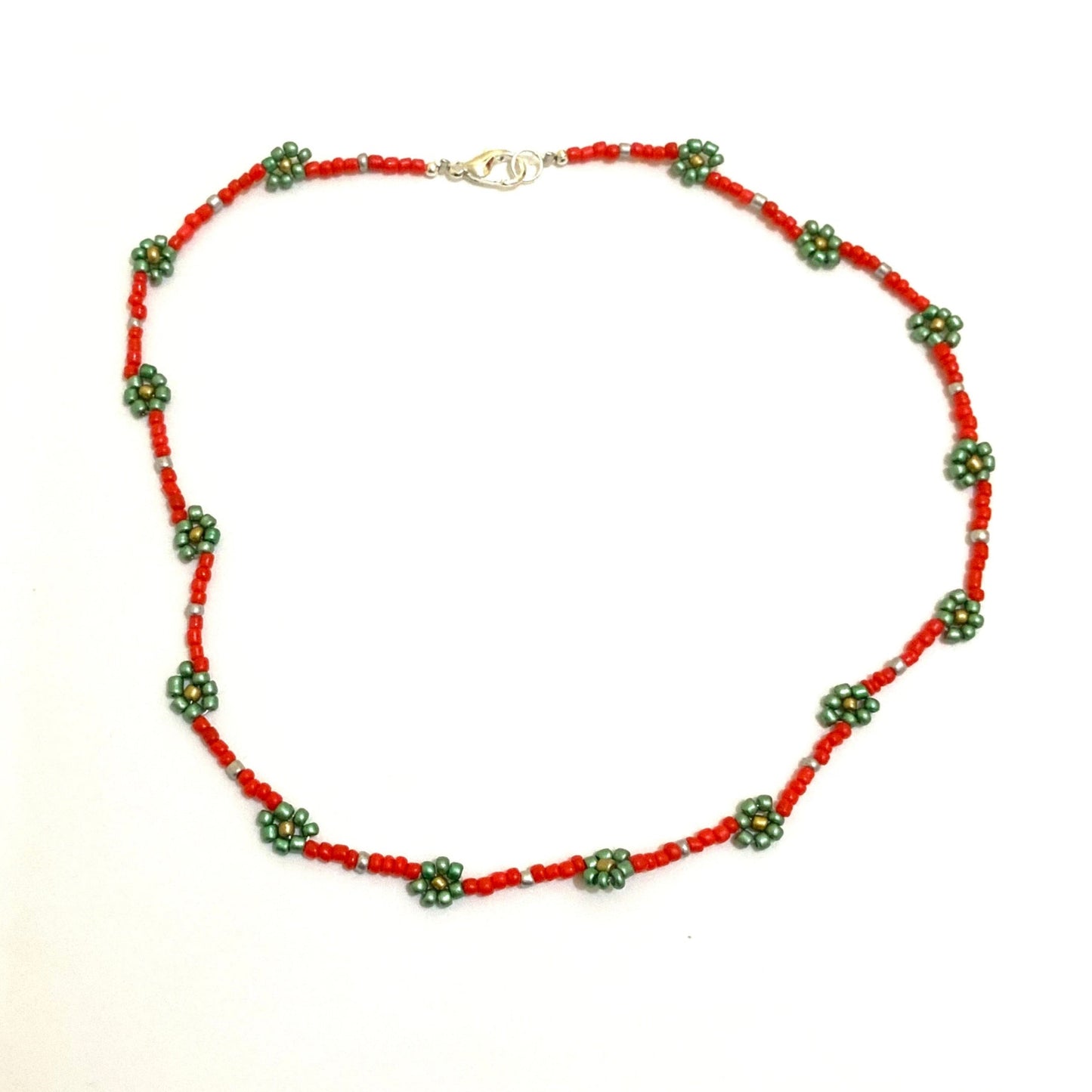 Red and Green Seed Beaded Choker-Necklace with Bracelet Ima Artistry