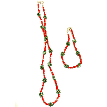 Red and Green Seed Beaded Choker-Necklace with Bracelet Ima Artistry