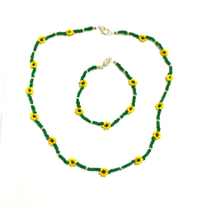 Yellow & Green Daisy Seed Beaded Choker with Bracelet Ima Artistry