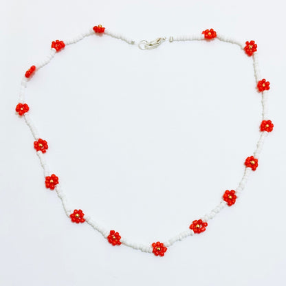 Red, White Daisy Seed Beaded Choker-Necklace with Bracelet Ima Artistry