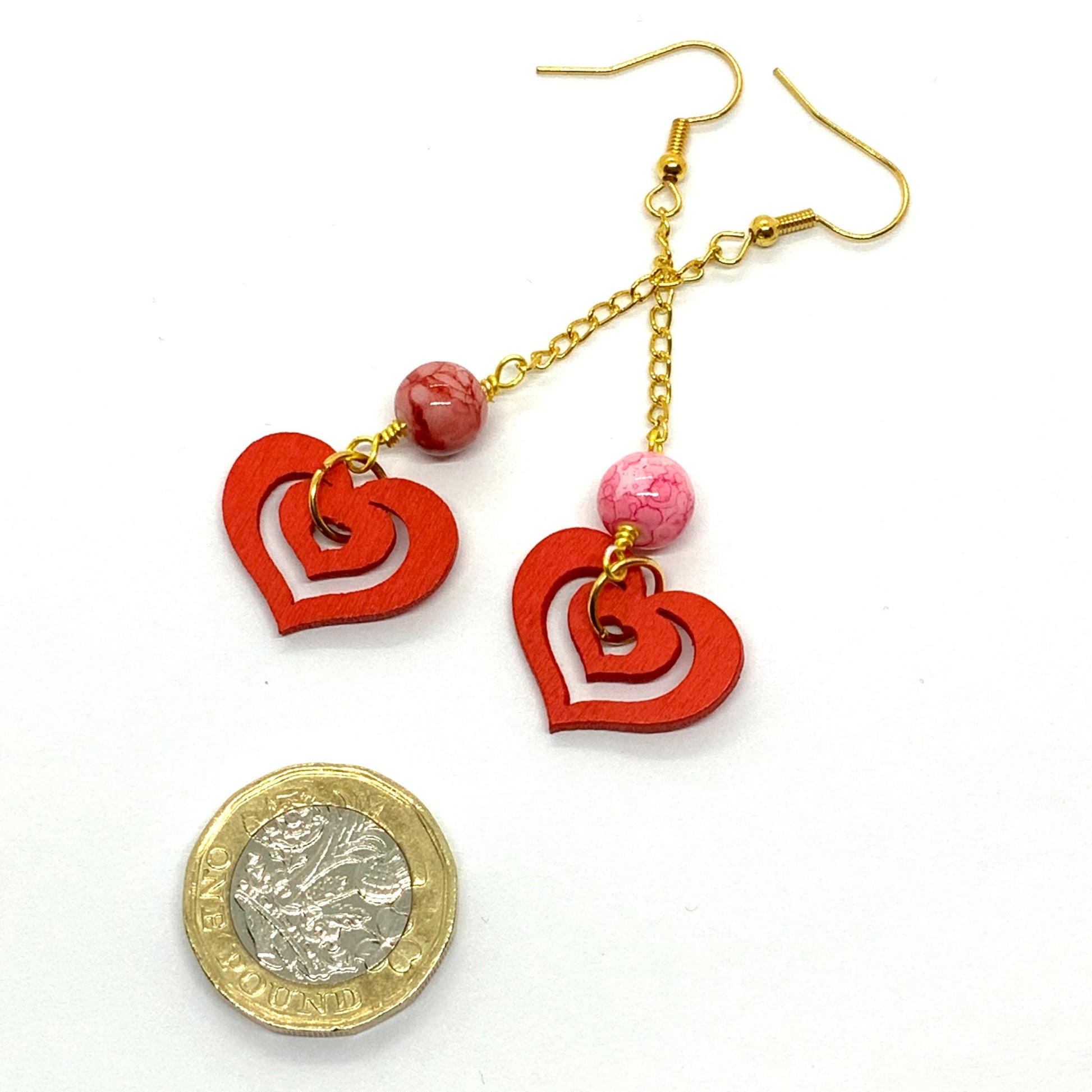 Red Wooden Heart Pendant Necklace & Earrings with Marble Beads Ima Artistry