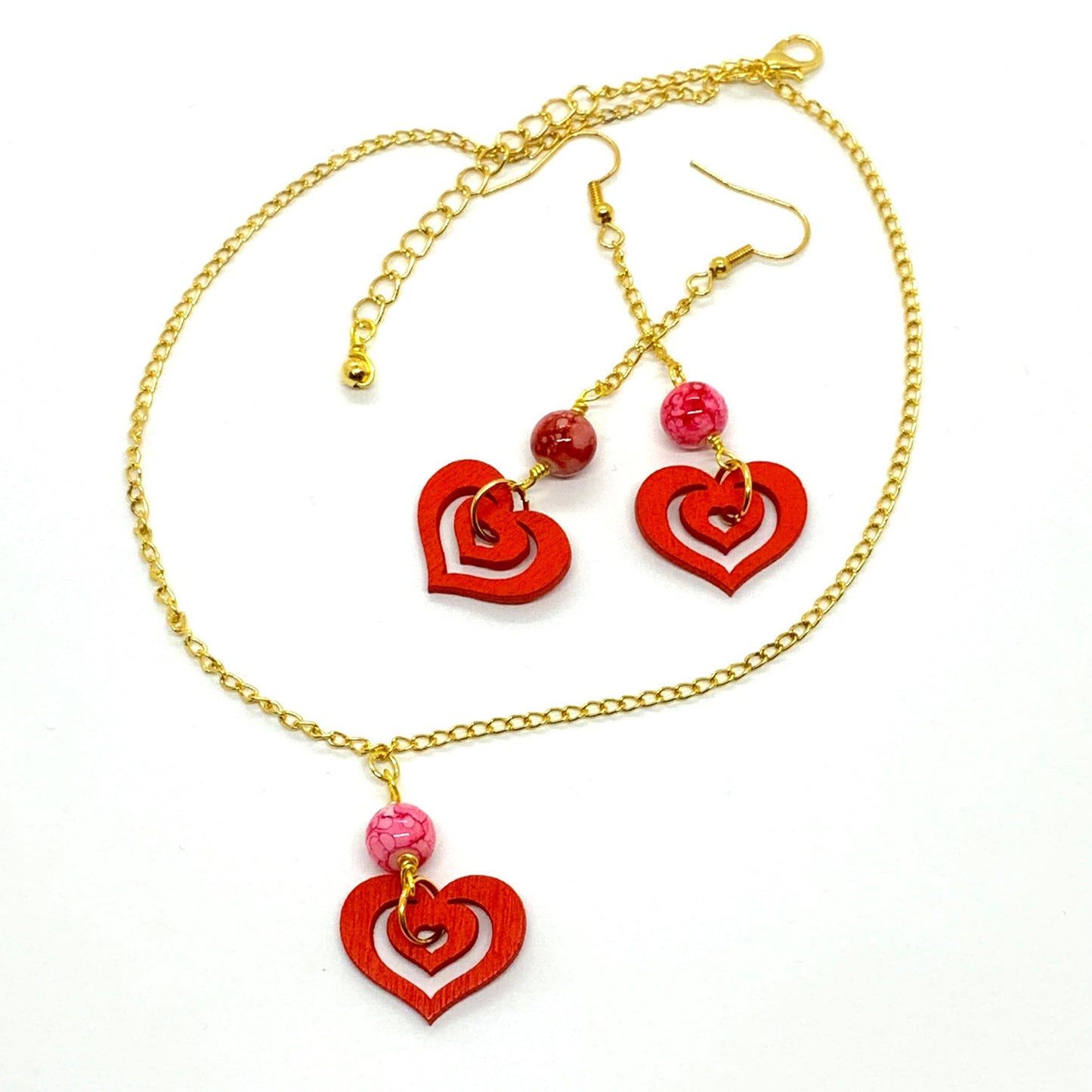 Red Wooden Heart Pendant Necklace & Earrings with Marble Beads Ima Artistry