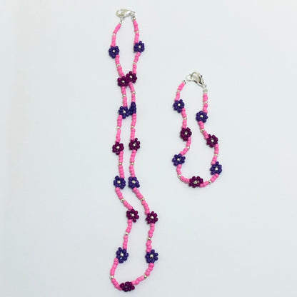 Pink, Purple Daisy Seed Beaded Choker-Necklace with Bracelet Ima Artistry