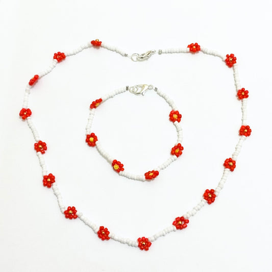 Red, White Daisy Seed Beaded Choker-Necklace with Bracelet Ima Artistry