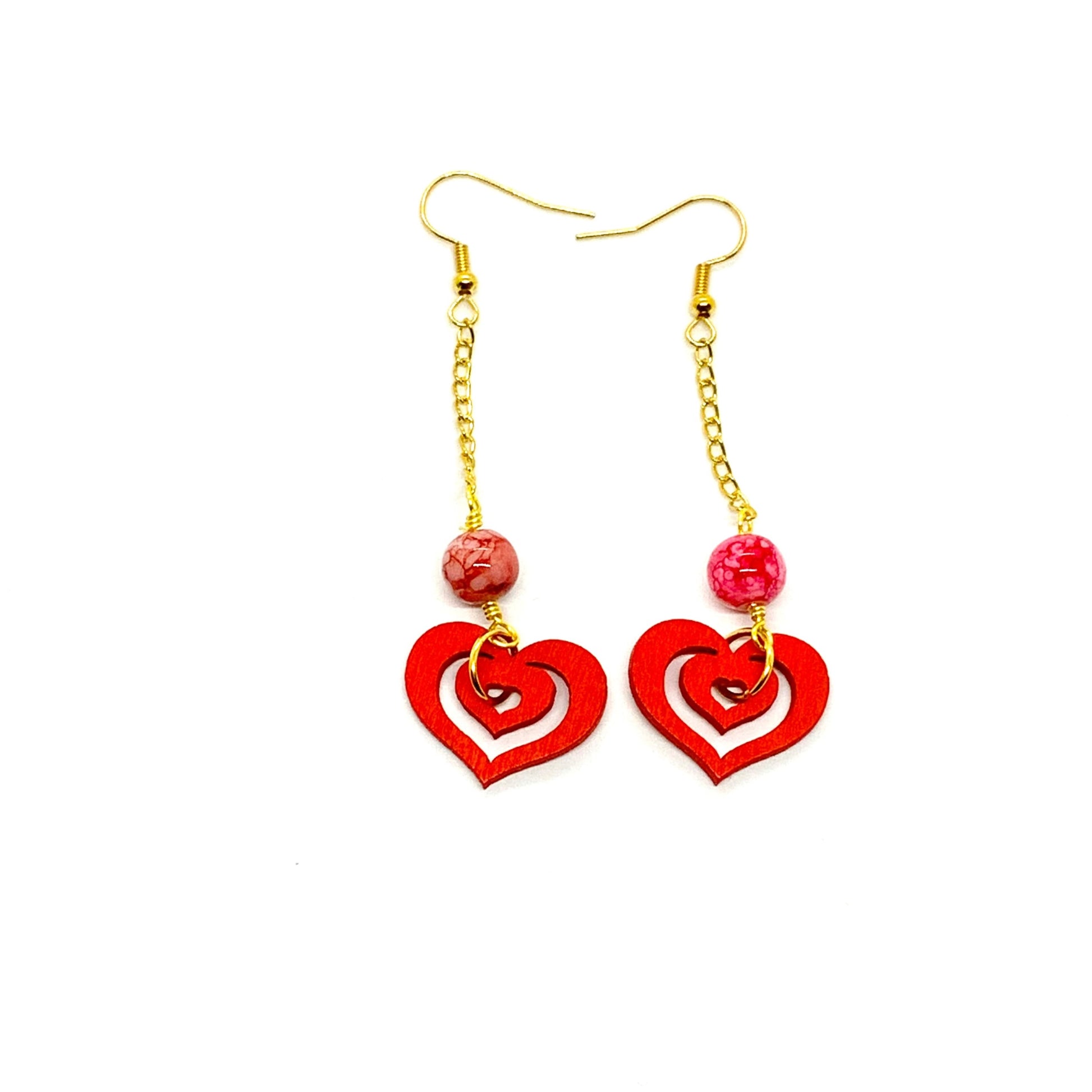 Red Wooden Heart Pendant Necklace & Earrings with Marble Beads Ima Artistry