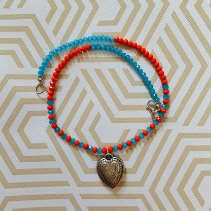 Red and Light Blue Beaded Necklace with Heart Pendent Ima Artistry