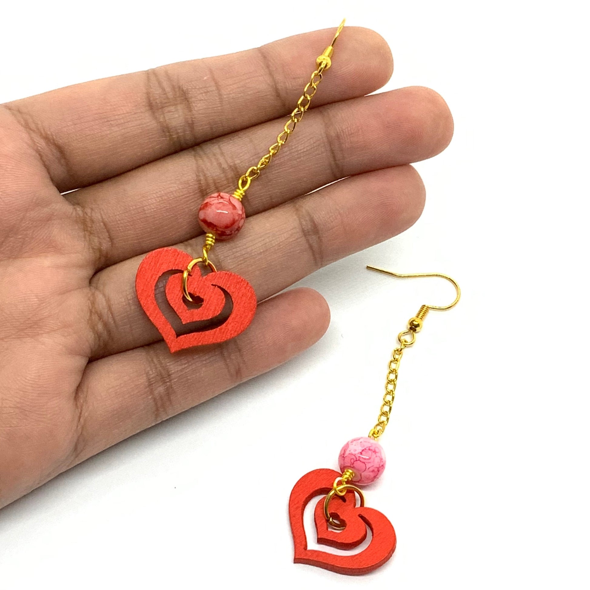 Red Wooden Heart Pendant Necklace & Earrings with Marble Beads Ima Artistry