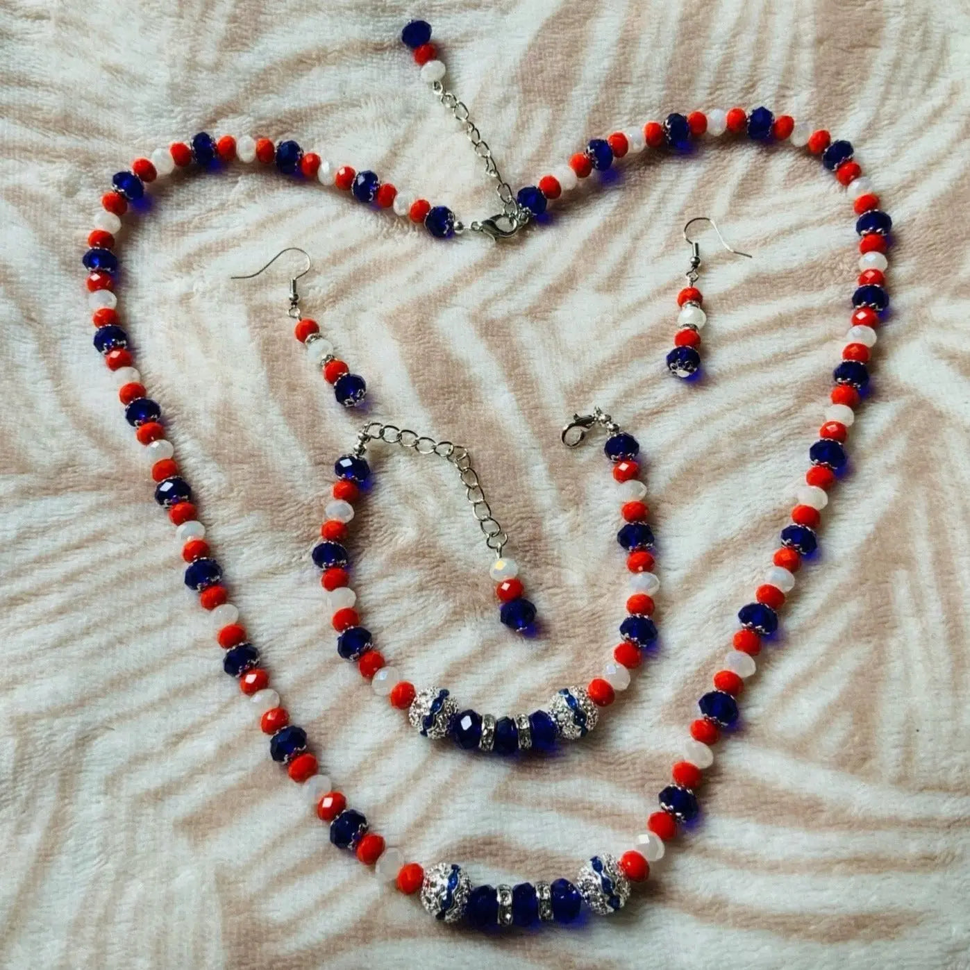 Red White Blue Crystal Faceted Rondelle Beaded Jewellery Set Ima Artistry