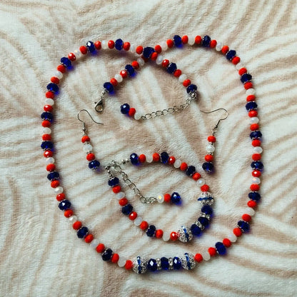 Red White Blue Crystal Faceted Rondelle Beaded Jewellery Set Ima Artistry