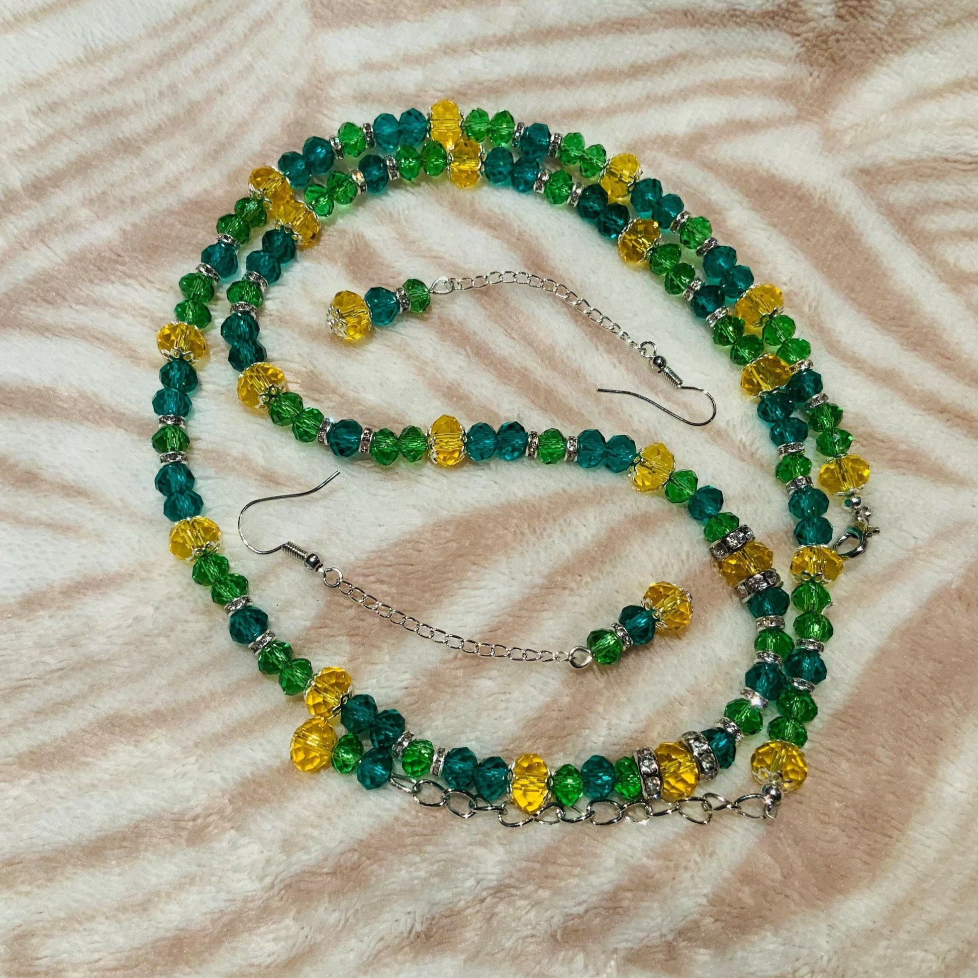 Yellow, Light & Dark Green Faceted Rondelle Beaded Necklace & Earrings Ima Artistry