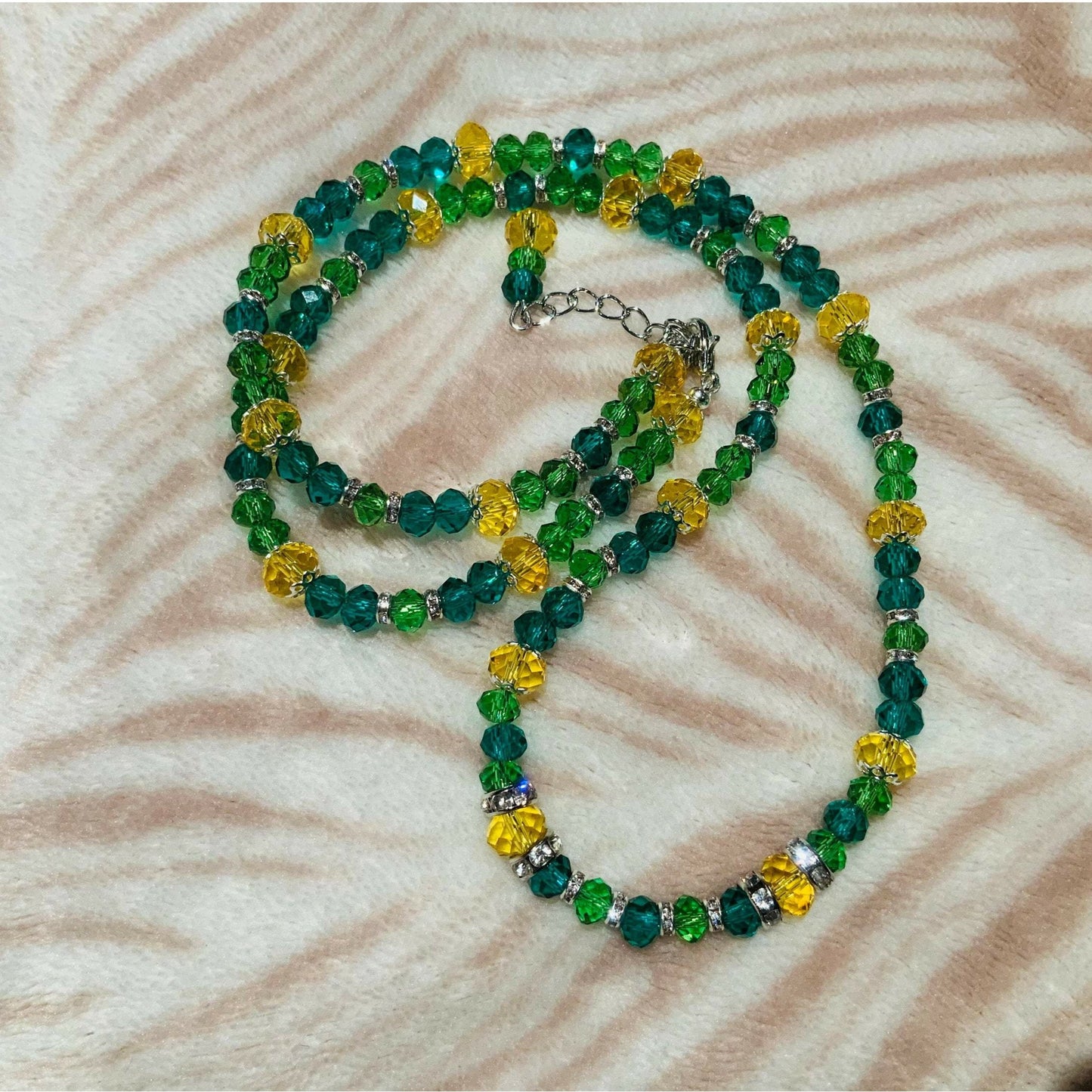 Yellow, Light & Dark Green Faceted Rondelle Beaded Necklace & Earrings Ima Artistry