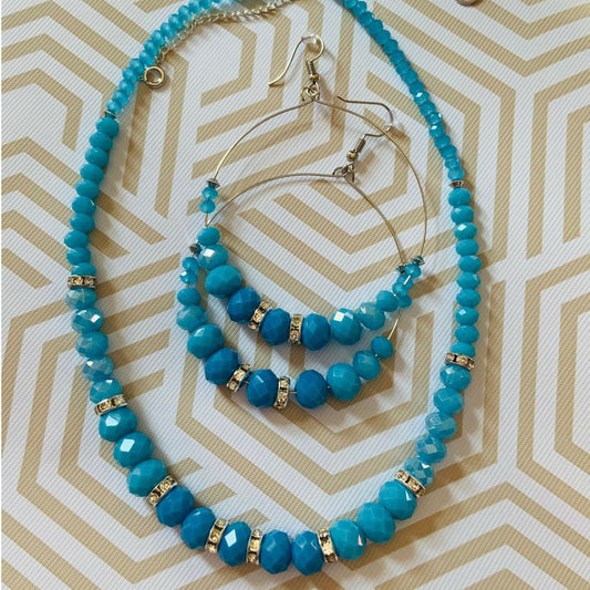 Light blue Faceted rondelle Crystal beaded Necklace & Earrings Ima Artistry