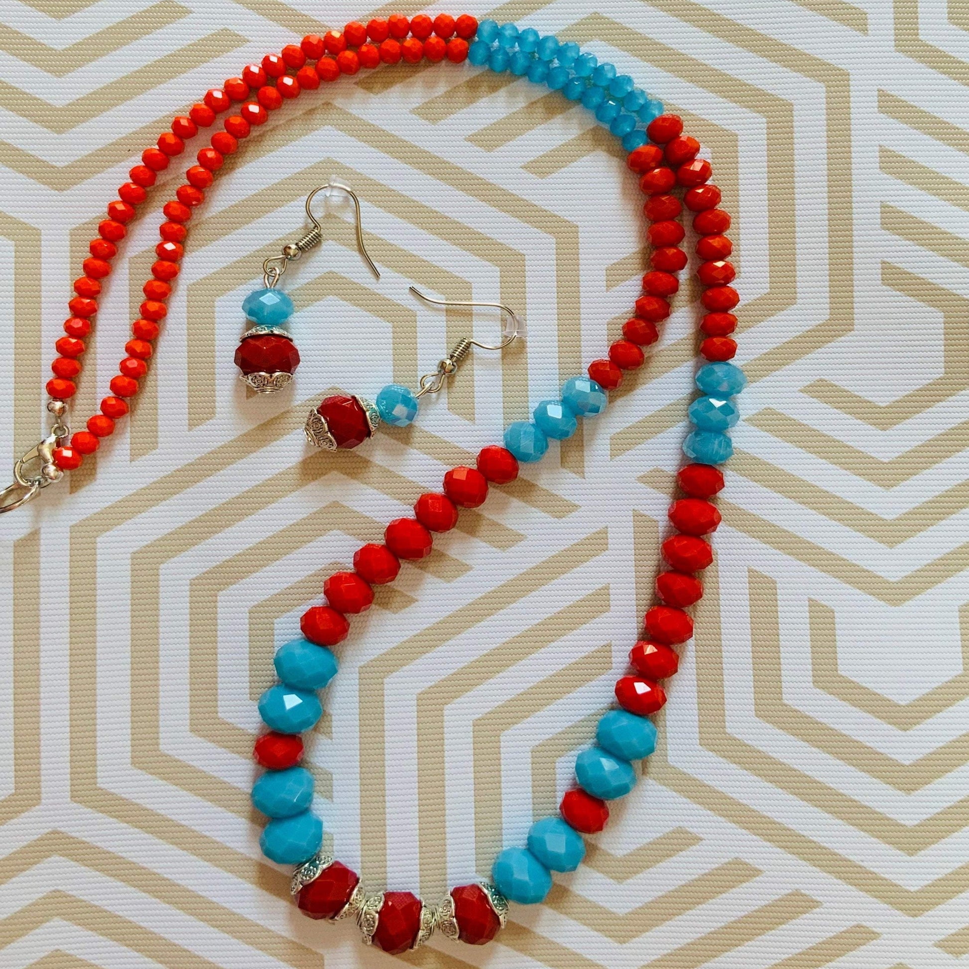 Red & Blue Crystal Glass Beaded Necklace & Earrings Ima Artistry