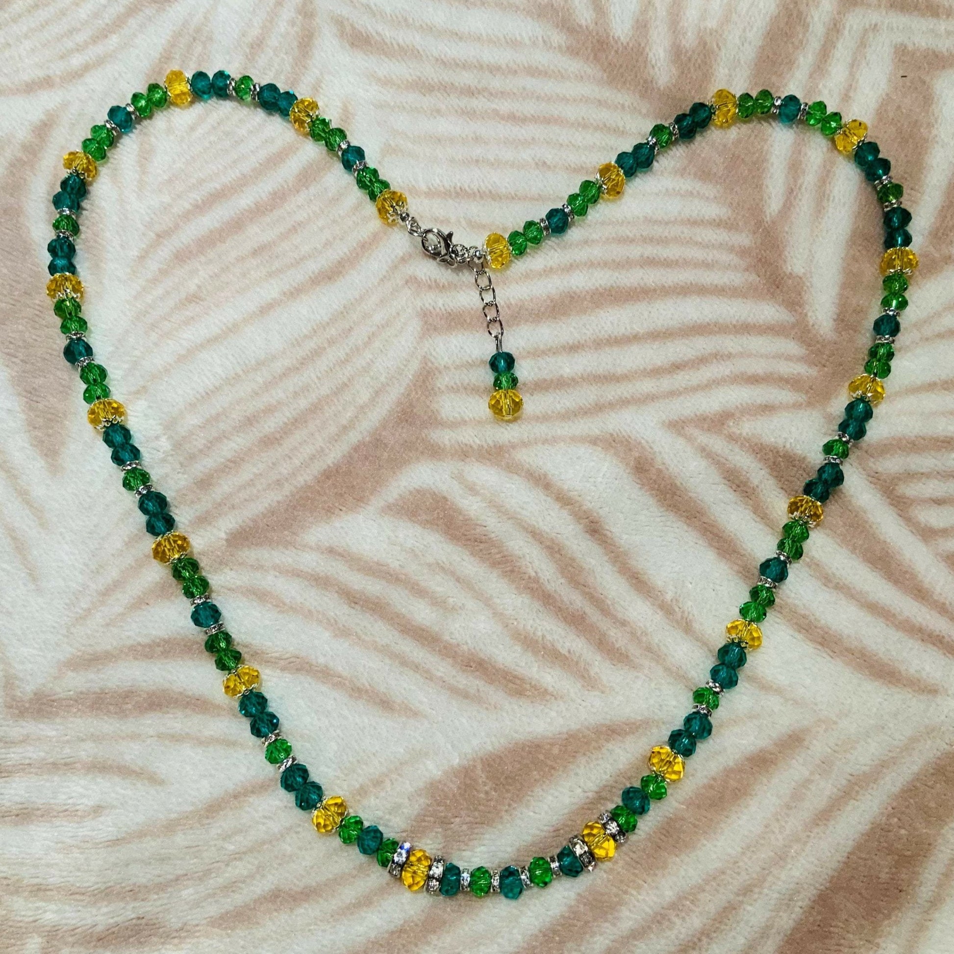 Yellow, Light & Dark Green Faceted Rondelle Beaded Necklace & Earrings Ima Artistry