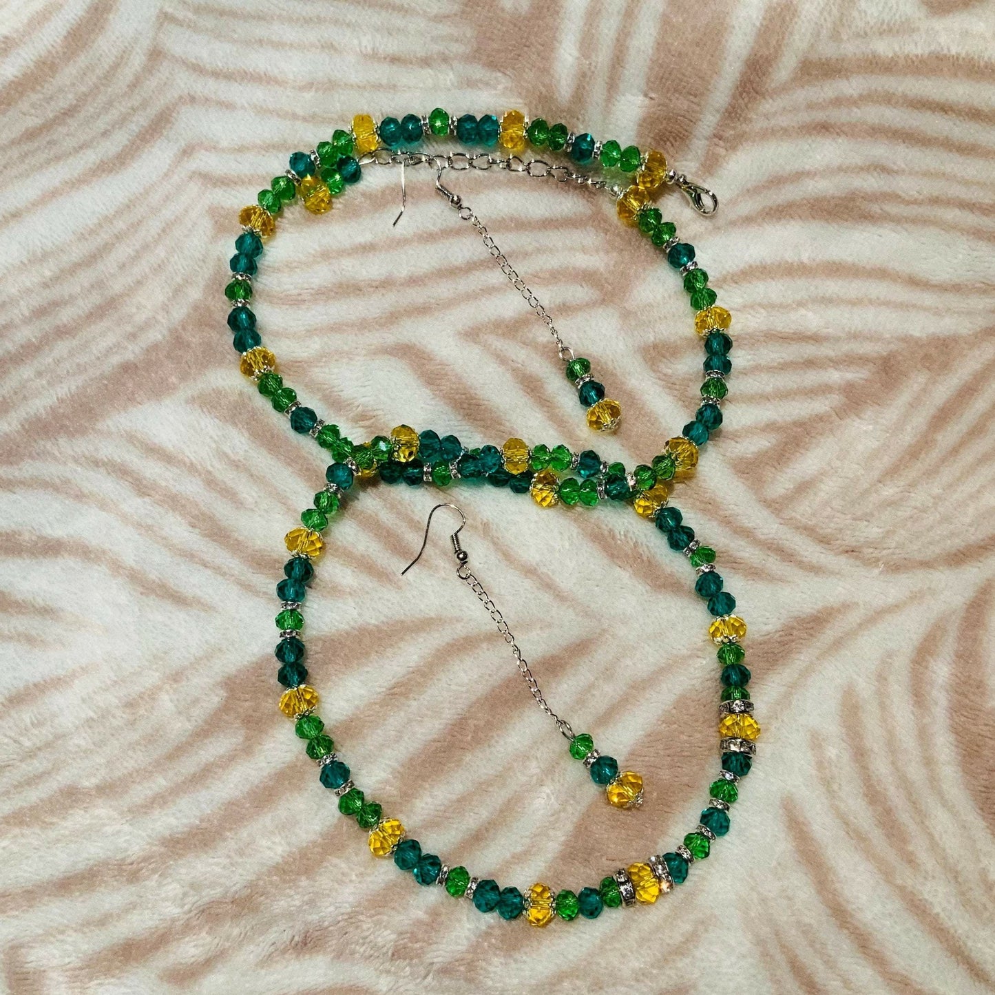 Yellow, Light & Dark Green Faceted Rondelle Beaded Necklace & Earrings Ima Artistry