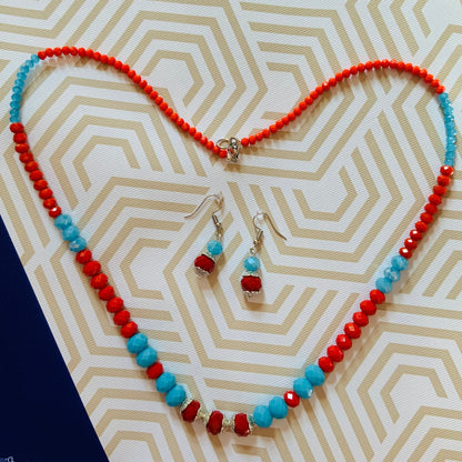 Red & Blue Crystal Glass Beaded Necklace & Earrings Ima Artistry