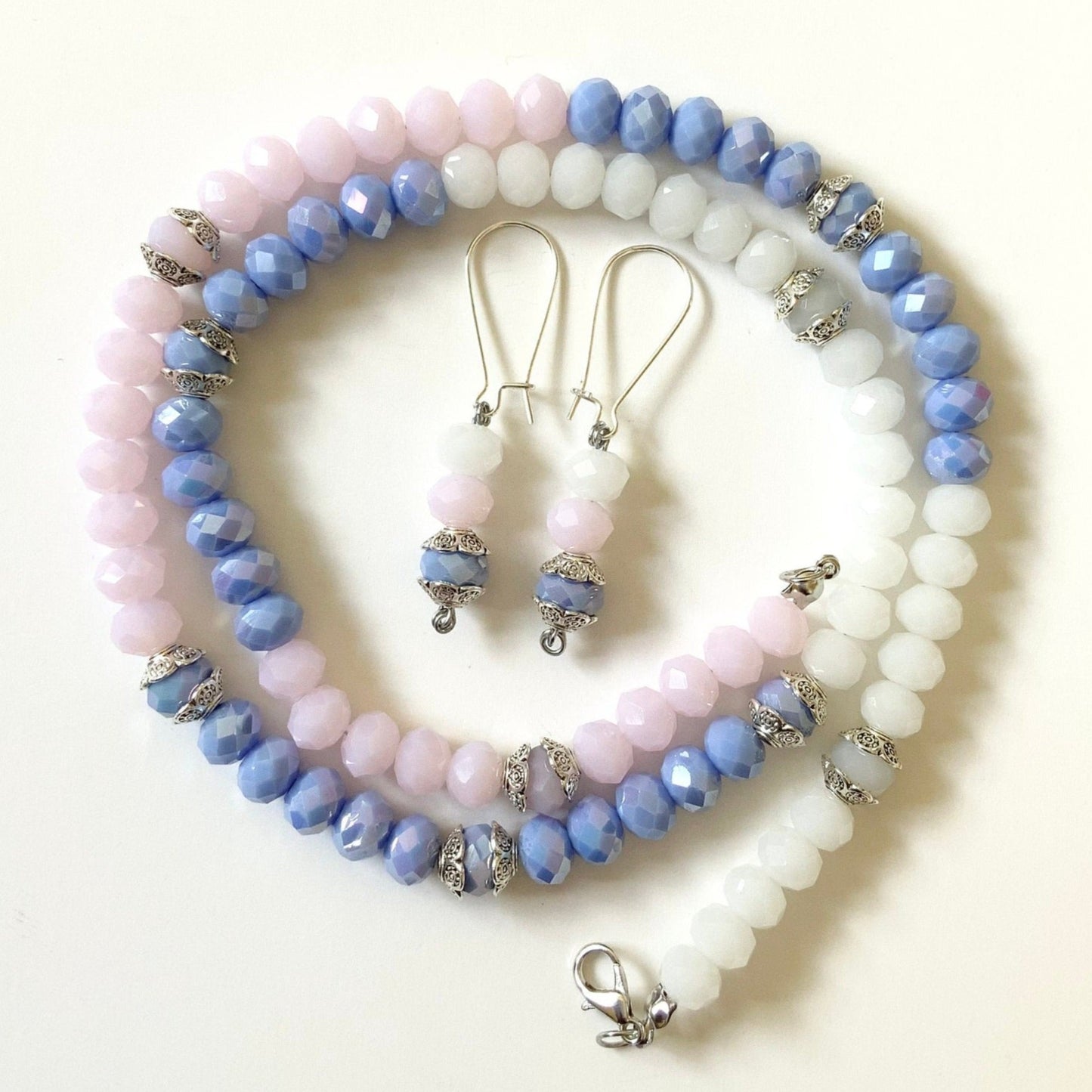 Light blue, White and Rose white Beaded Necklace & Earrings Ima Artistry